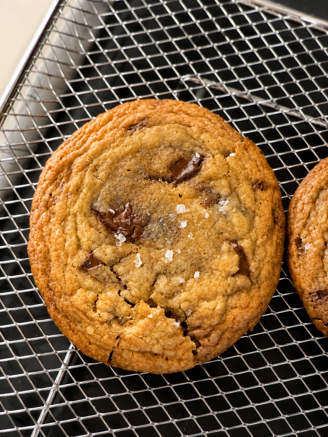 A warm chocolate chip cookie, fresh off the tray, finished with flaky sea salt